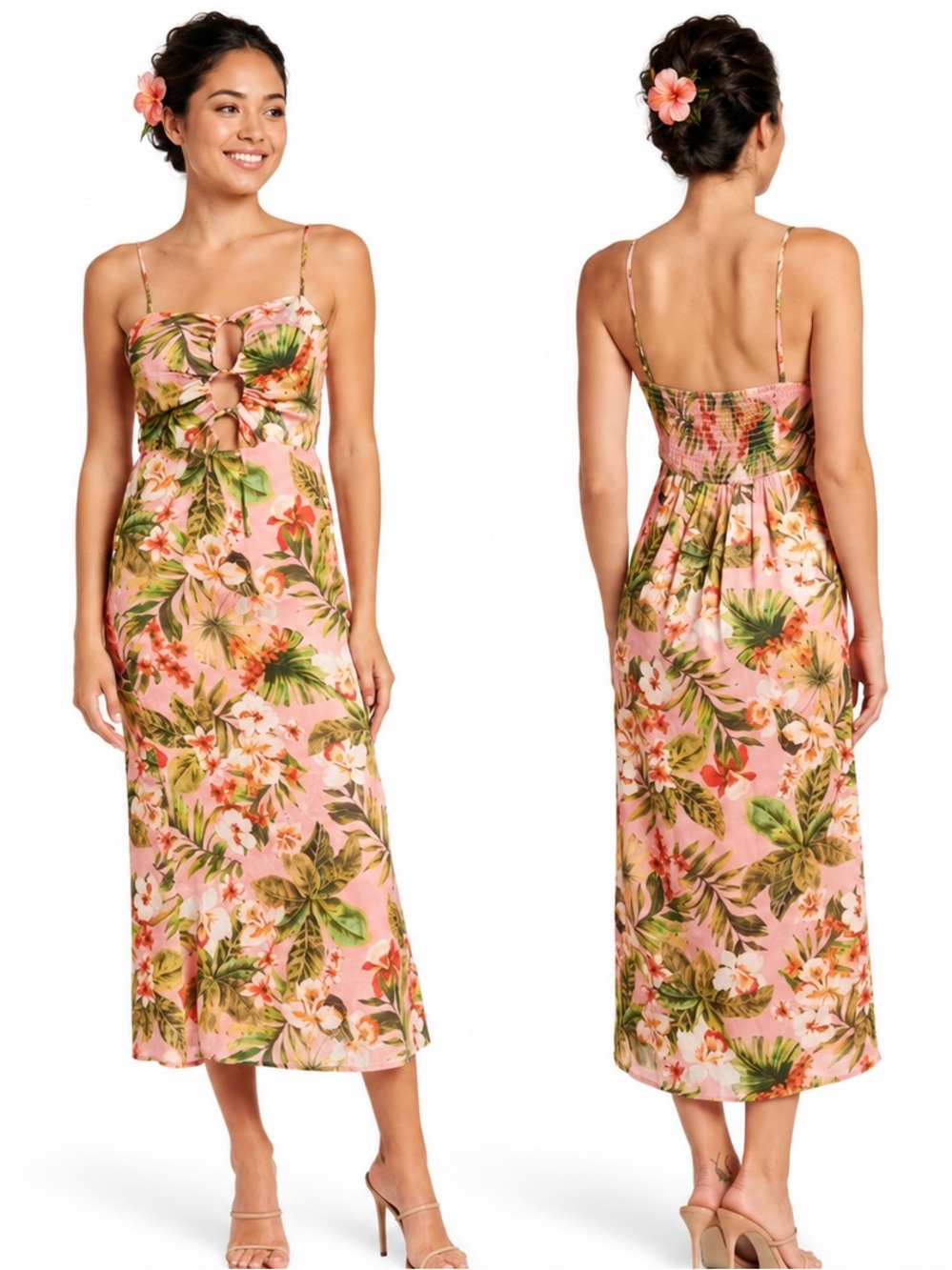 NSR Tropical Floral Print Cutout Midi Dress Pink Green S